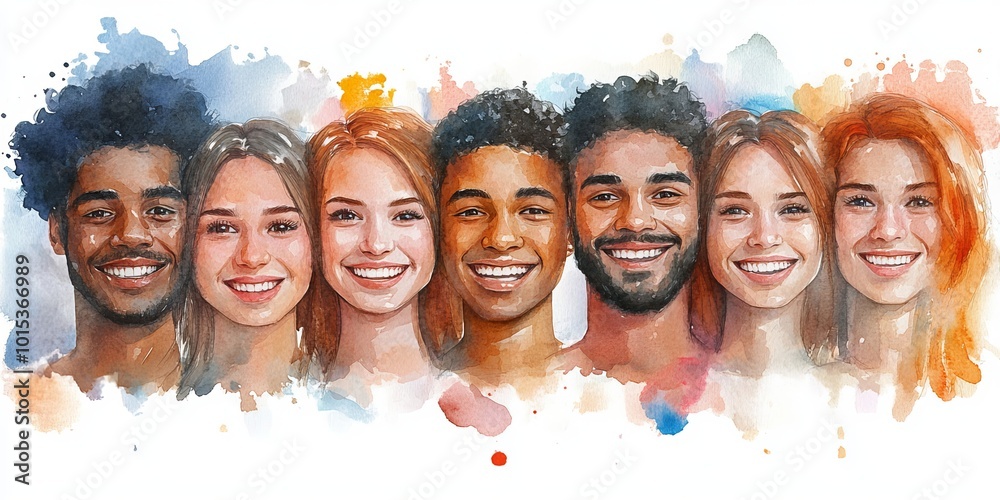 Fototapeta premium Group of diverse young people smiling together, positive and united, watercolor illustration on white background, diversity concept, Generative AI