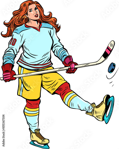 Sportswoman playing ice hockey. Sports competitions and champions in winter. Sale of equipment for New Year and Christmas for ice skating.