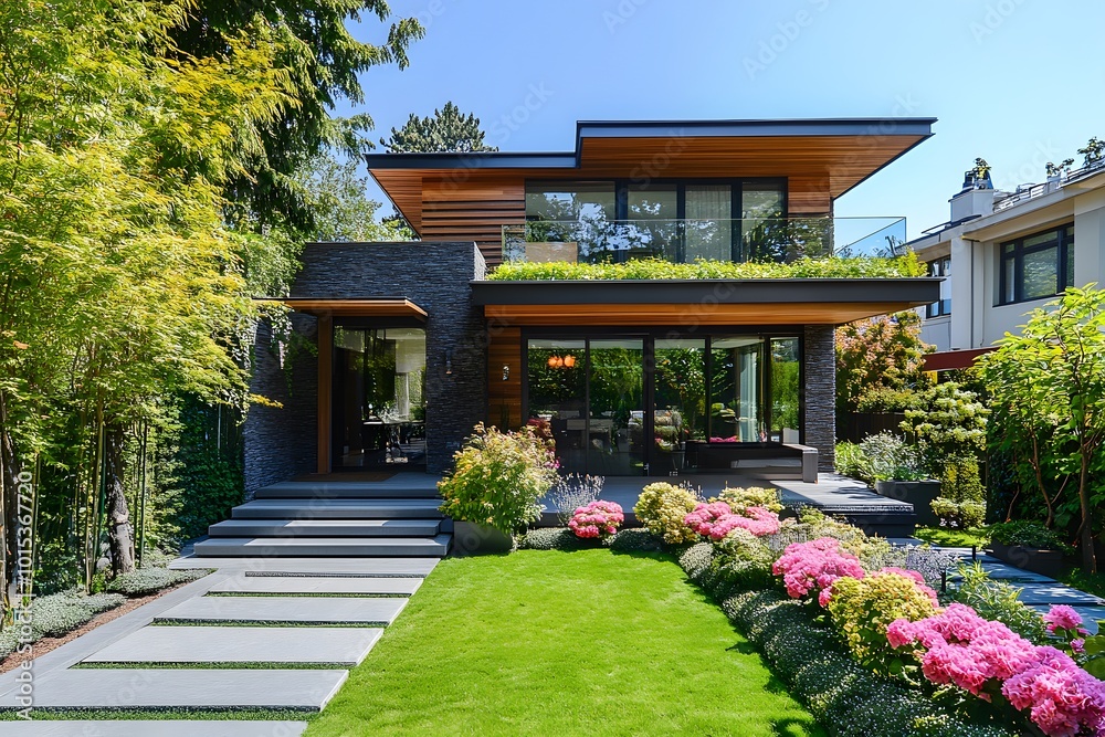 peaceful house with beautiful colorful flowers and plants in the floral garden and with cobblestone path peaceful house with beautiful colorful flowers and plants in the floral garden and with cobblestone path