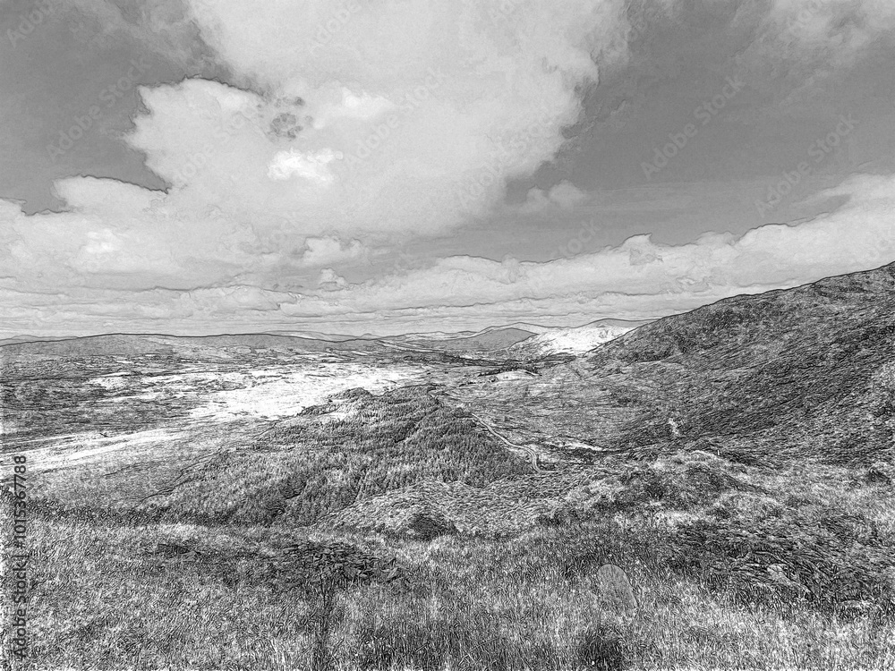White fluffy clouds in the summer sky and natural landscape background, pencil drawn sketch White fluffy clouds in the summer sky and natural landscape background, pencil drawn sketch