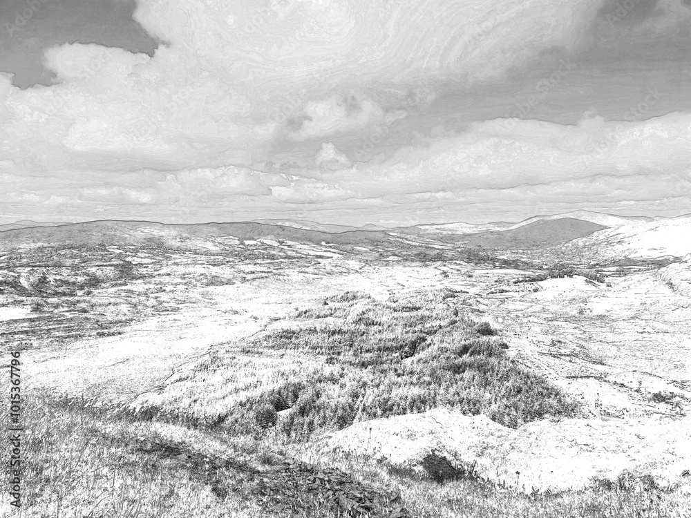 White fluffy clouds in the summer sky and natural landscape background, pencil drawn sketch