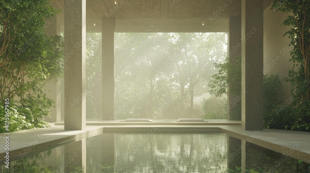 Naklejka premium Serene Yoga Retreat: Ray Tracing Fengshui Concept of Harmony in Nature