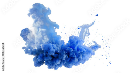 Dense blue smoke cloud billowing upward against a white backdrop in a structu...