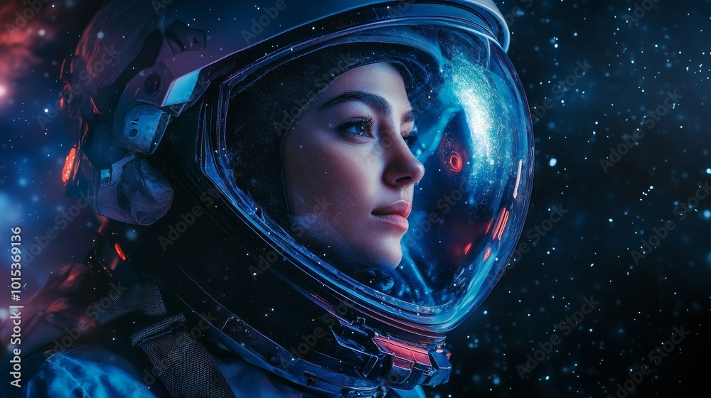 Woman cosmonaut in space composition background Woman cosmonaut in space composition background