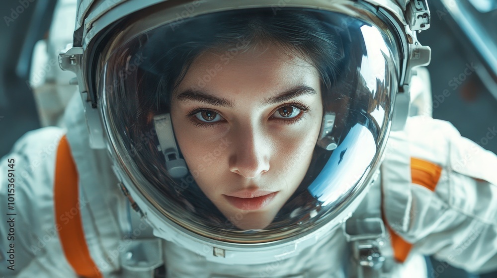 Woman cosmonaut in space composition background Woman cosmonaut in space composition background