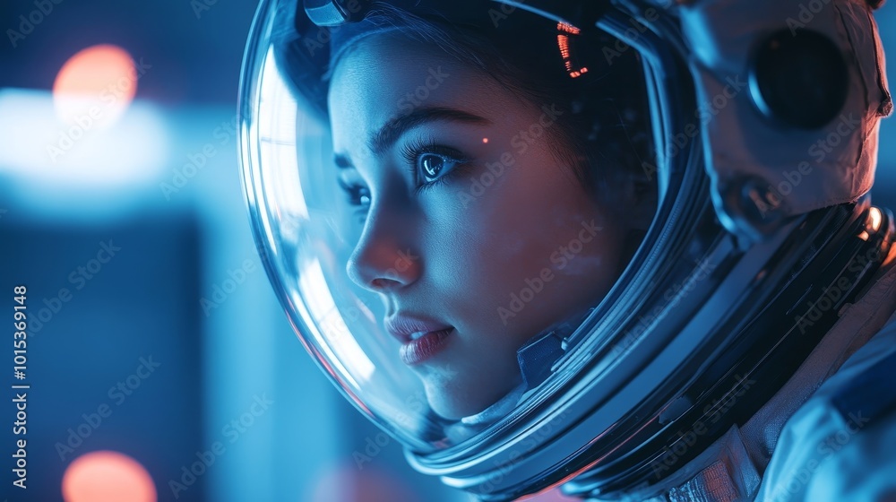 Woman cosmonaut in space composition background Woman cosmonaut in space composition background