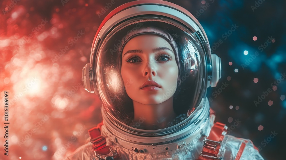 Woman cosmonaut in space composition background Woman cosmonaut in space composition background