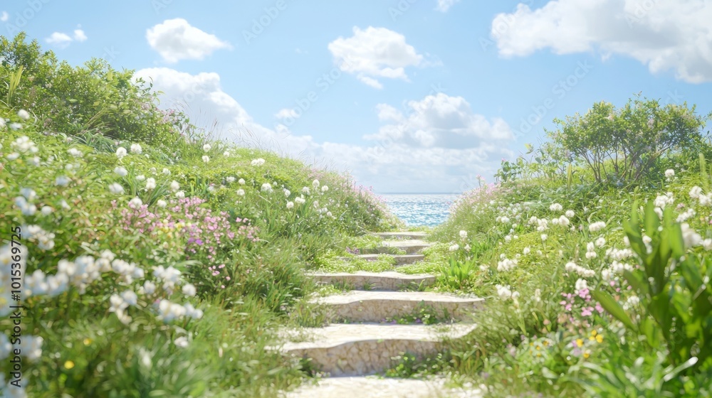 Tranquil Coastal Path: Ray Tracing Fengshui Art of Wildflowers, Ocean Views, and Serene Exploration Tranquil Coastal Path: Ray Tracing Fengshui Art of Wildflowers, Ocean Views, and Serene Exploration
