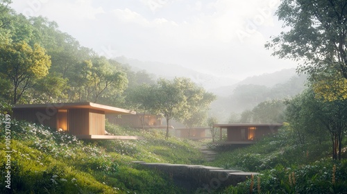 Zen Mountain Escape: Ray Tracing Fengshui Concept Art of Tranquil Retreat with Cozy Cabins and Serene Landscapes for Relaxation and Mindfulness