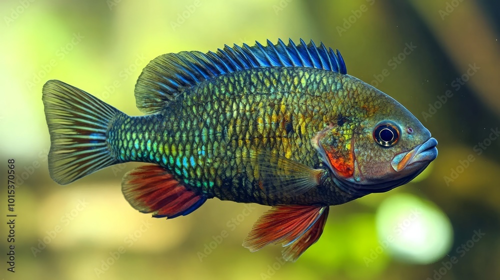 A pond is home to bluegill fish, which are colored blue, red, and green. A pond is home to bluegill fish, which are colored blue, red, and green.