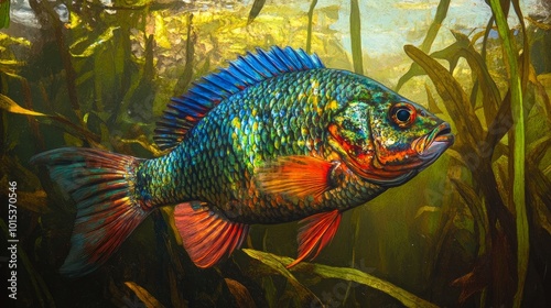 A pond is home to bluegill fish, which are colored blue, red, and green. photo