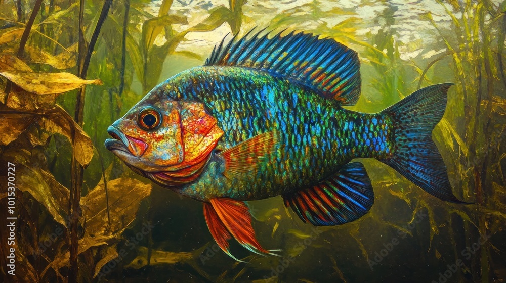 A pond is home to bluegill fish, which are colored blue, red, and green. A pond is home to bluegill fish, which are colored blue, red, and green.
