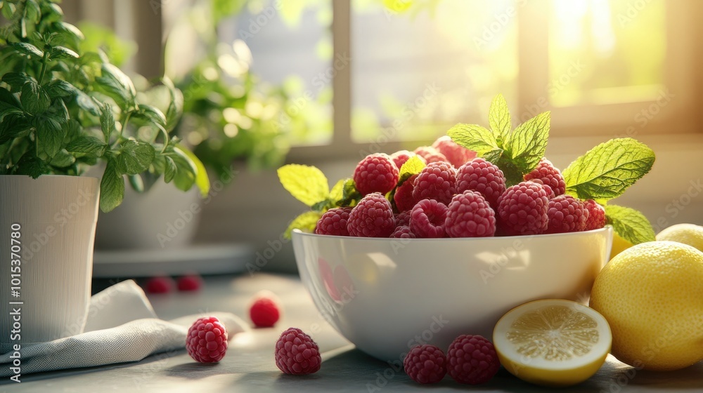 Fresh raspberries fill a bowl on a kitchen counter, complemented by vibrant lemon and mint plants, all illuminated by warm sunlight pouring through the window Fresh raspberries fill a bowl on a kitchen counter, complemented by vibrant lemon and mint plants, all illuminated by warm sunlight pouring through the window