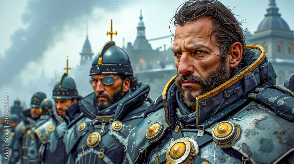 A group of men in armor standing in front of a city A group of men in armor standing in front of a city