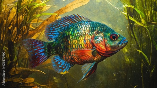 A pond is home to bluegill fish, which are colored blue, red, and green. photo