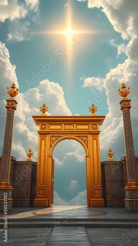 Closed gold gate in heaven. Generative AI