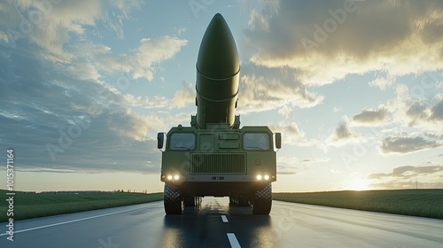 A military truck drives along a highway carrying an intercontinental missile, displaying green camouflage against a backdrop of clouds and sunlight. photo