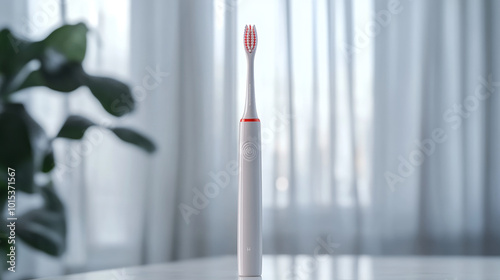 "A back view of a photorealistic toothbrush featuring white and red colors."