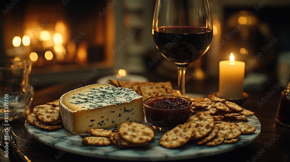 Cheese platter with wine by a cozy fire.