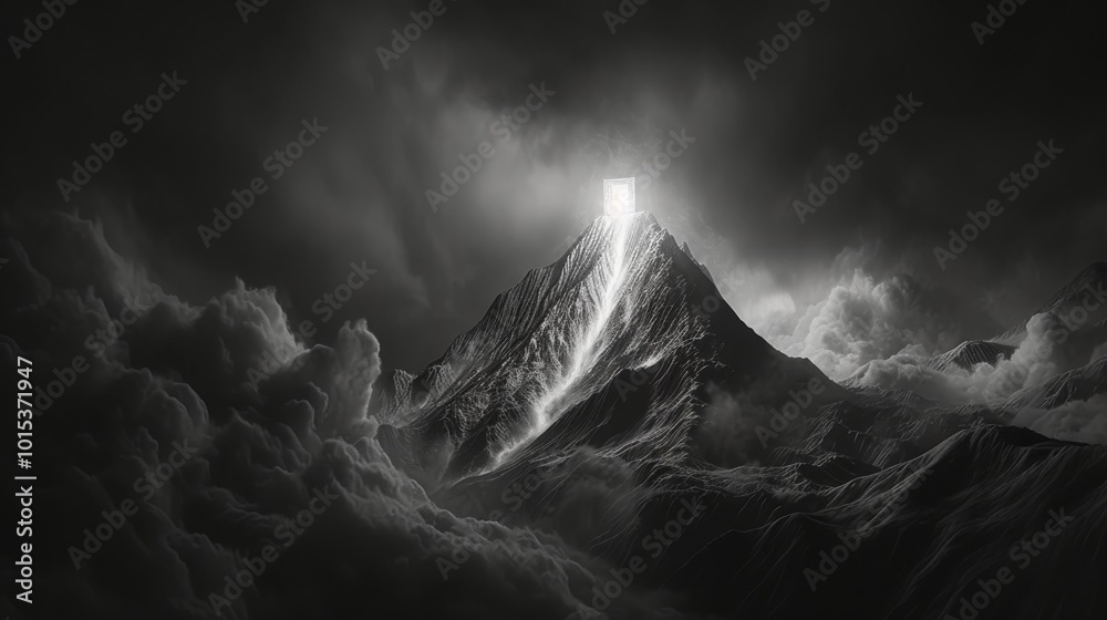 A dramatic mountain scene with a glowing portal at the summit. Surrounded by thick clouds and shadows, the ethereal light from the peak cuts through the dark atmosphere, creating a sense of mystery A dramatic mountain scene with a glowing portal at the summit. Surrounded by thick clouds and shadows, the ethereal light from the peak cuts through the dark atmosphere, creating a sense of mystery