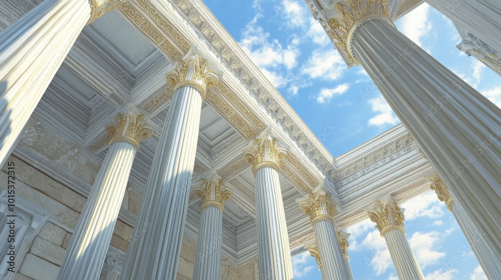 Ornate building with tall columns resembling those of ancient Greek temples. Pillars supporting a government structure. Detailed 3D rendering in high resolution.