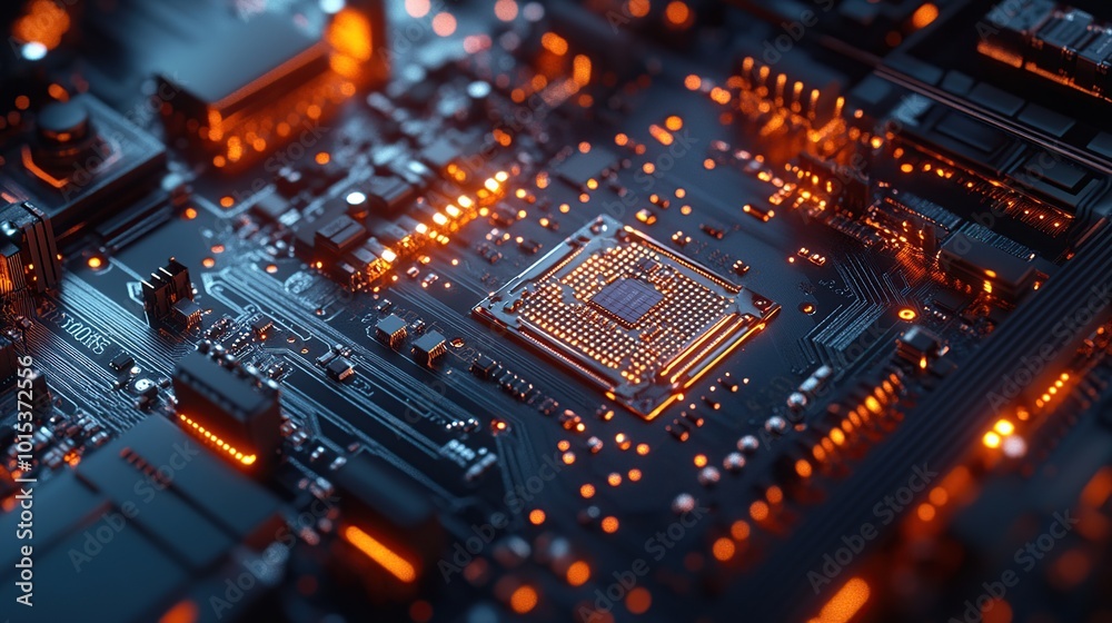 Close-up of a glowing computer circuit board. Close-up of a glowing computer circuit board.