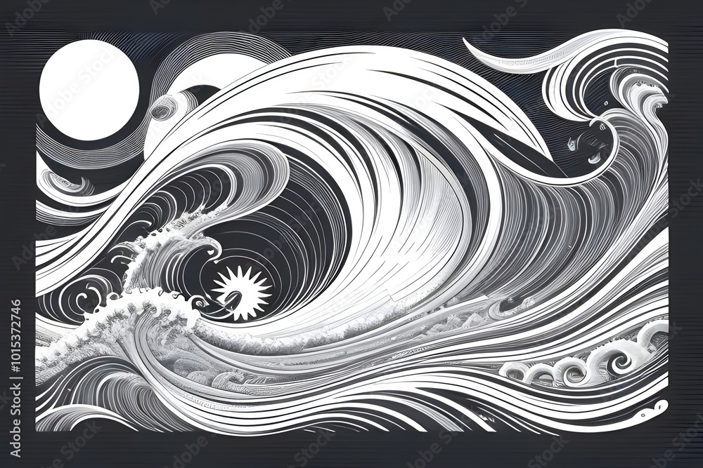 Fototapeta premium hand drawn monochrome illustration, stylized ocean waves, surrounded by sun rays, black and white, sketch, engraving, Scratch board, sea, line, art, texture, pattern, motion, flow, intricate, swirl
