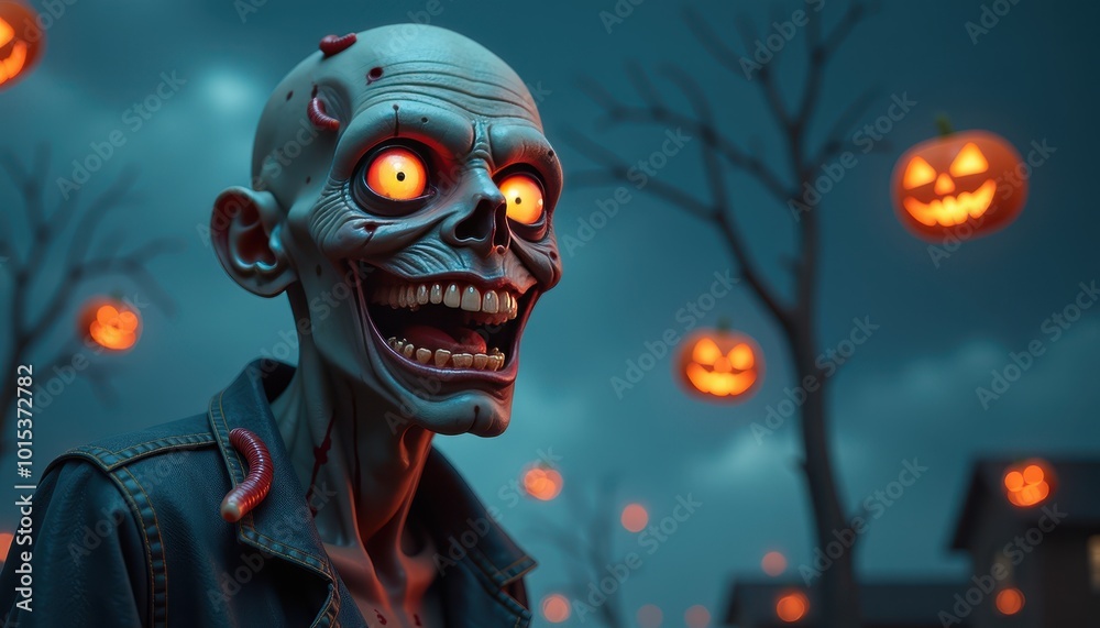 Wide-smiling zombie with worms in ears on dark blue background with floating jack-o’-lanterns. Wide-smiling zombie with worms in ears on dark blue background with floating jack-o’-lanterns.