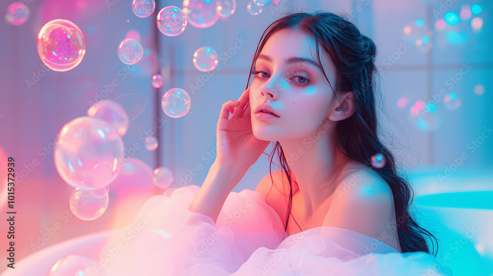 Young woman in a bathtub with colorful bubbles, ethereal look. Young woman in a bathtub with colorful bubbles, ethereal look.