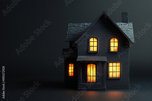 Minimalist Spooky Haunted House with Dimly Lit Windows on Matte Black Studio Background