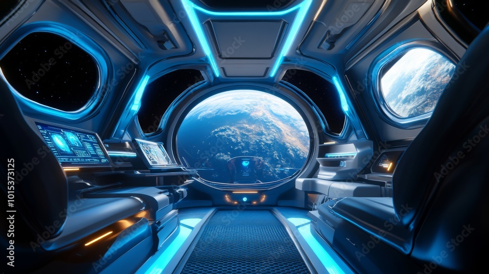 Space Machine Inner Side Picture Inside a sleek spacecraft, an advanced control area features glowing ...