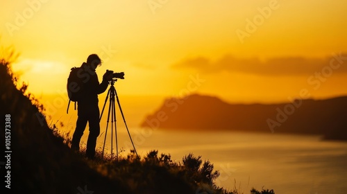 Photographer captures golden hour with camera and tripod, silhouette visible.