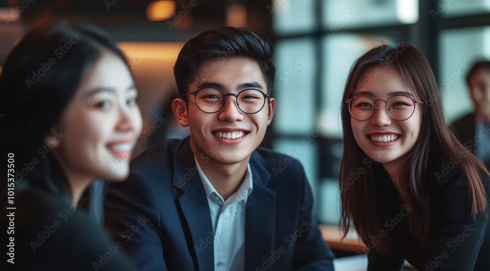 Fototapeta premium Confident young Asian professionals smiling business meeting environment teamwork modern success in office corporate team collaboration discussion