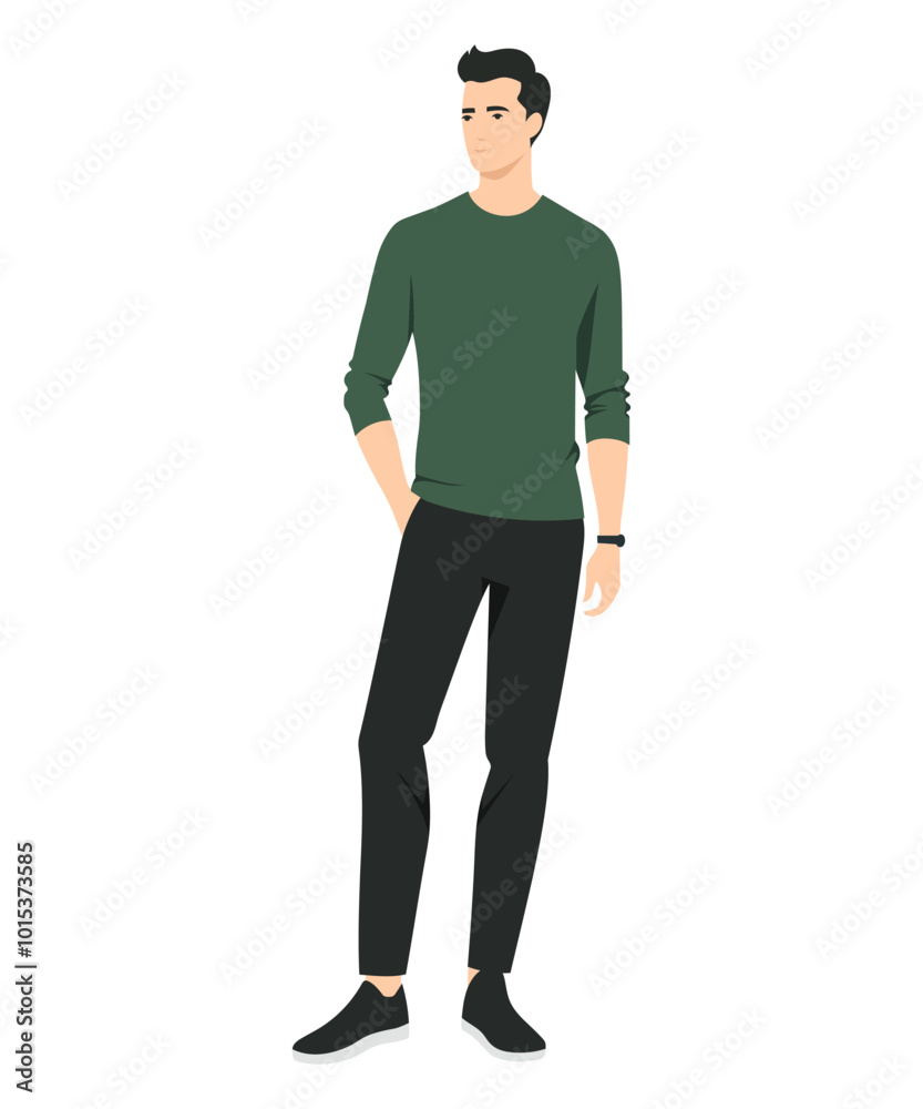 Vector illustration of a man in a dark green sweater and brown pants, emphasizing natural shades and a comfortable style for walking. Vector illustration of a man in a dark green sweater and brown pants, emphasizing natural shades and a comfortable style for walking.
