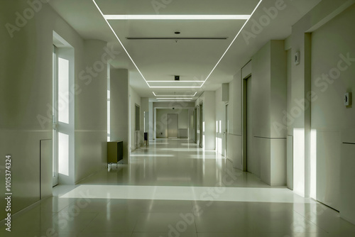 A long white hallway with white walls and flooring