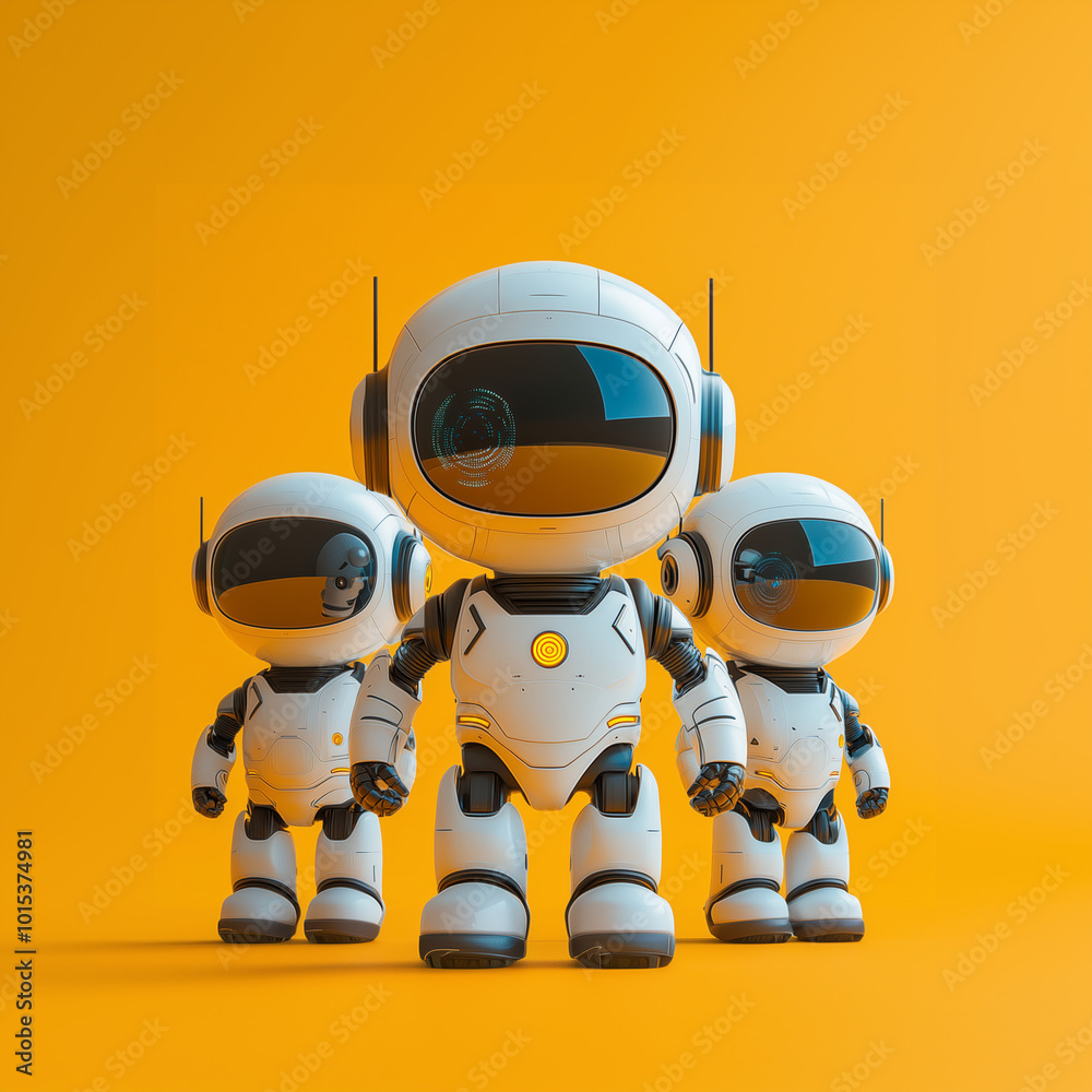 Three identical futuristic robots standing on an orange background, symbolizing AI development and technological progress.