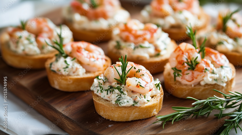 Gourmet Shrimp Canapés with Creamy Topping and Fresh Herbs Impress your guests with these elegant shrimp canapés, served on crisp bread with a rich, creamy topping and garnished wi Gourmet Shrimp Canapés with Creamy Topping and Fresh Herbs Impress your guests with these elegant shrimp canapés, served on crisp bread with a rich, creamy topping and garnished wi
