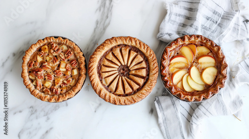 Ultimate Thanksgiving Dessert Trio: Pumpkin, Apple, and Pecan Pies Complete your Thanksgiving feast with the ultimate dessert trio: pumpkin pie, apple pie, and pecan pie. These tra photo