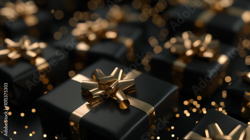 Close-up of Luxury Festive Black Gift with Gold Bow