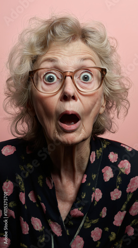 Surprised Elderly Woman with Glasses in Floral Top Against Pink Background photo