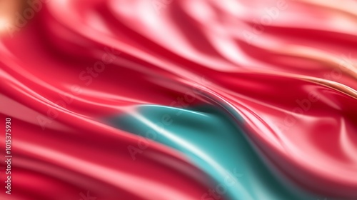 This artwork features a captivating blend of swirling red and turquoise liquids with golden accents, creating smooth curves and a surreal quality. Copy space is available on the right