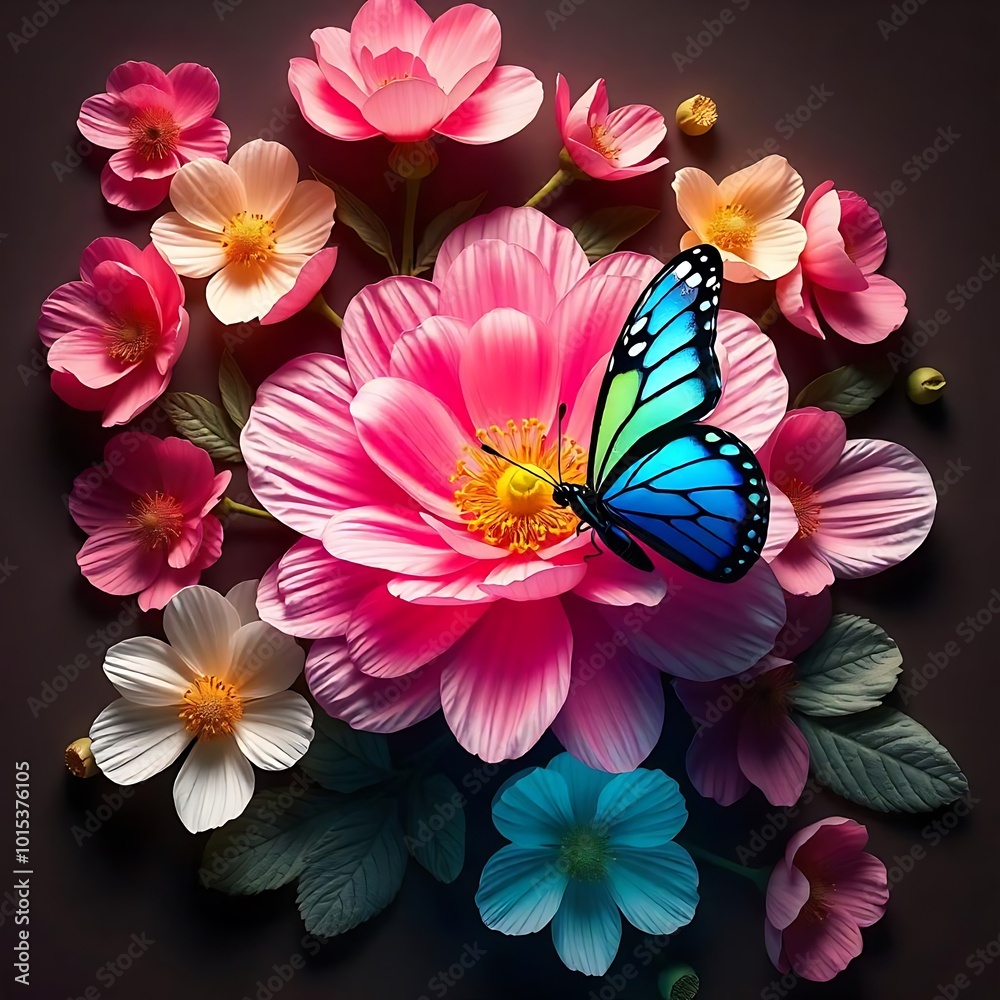 3D Anemone flower and butterfly Floral Pattern 3D Anemone flower and butterfly Floral Pattern