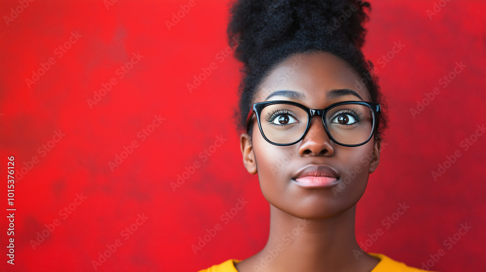 Focused Black Woman in Glasses with Red Background and Natural Hair Focused Black Woman in Glasses with Red Background and Natural Hair