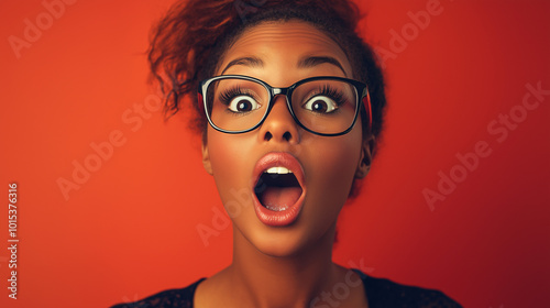 Surprised Black Woman with Glasses and Red Background photo