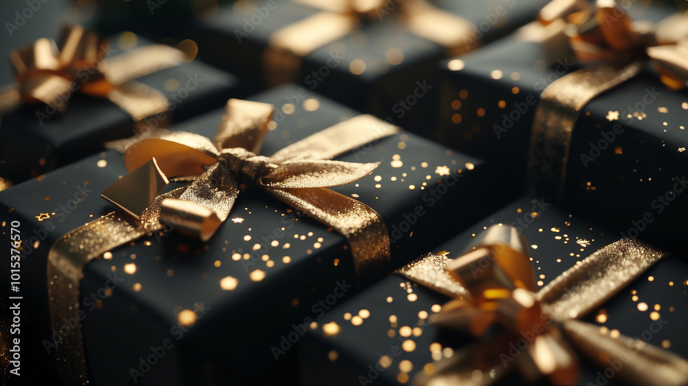 Close-up of Luxury Festive Black Gift with Gold Bow Close-up of Luxury Festive Black Gift with Gold Bow