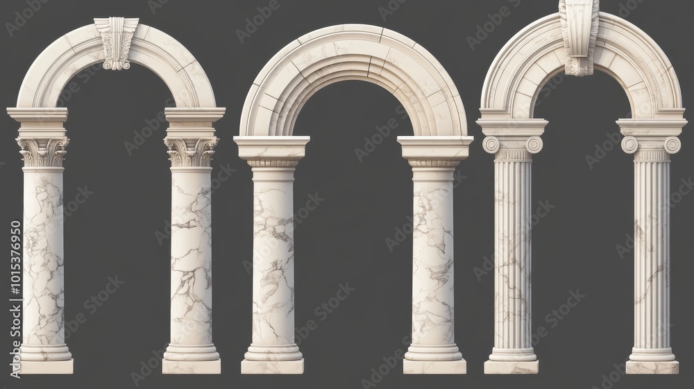 Realistic 3D set of ancient marble arches isolated on transparent background. Vector illustration of ancient Roman and Greek style architecture design elements, archway decoration for classic palace. Realistic 3D set of ancient marble arches isolated on transparent background. Vector illustration of ancient Roman and Greek style architecture design elements, archway decoration for classic palace.