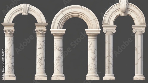 Realistic 3D set of ancient marble arches isolated on transparent background. Vector illustration of ancient Roman and Greek style architecture design elements, archway decoration for classic palace.