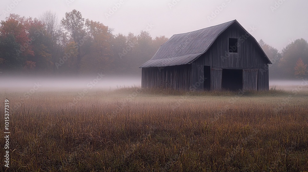 Misty barn in a serene autumn landscape. Misty barn in a serene autumn landscape.