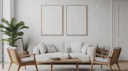 Realistic photo frame mockup, A-size paper format. Wall poster mockup in living room style. 3D interior design with house decor. Modern home style design. High-quality 3D render.