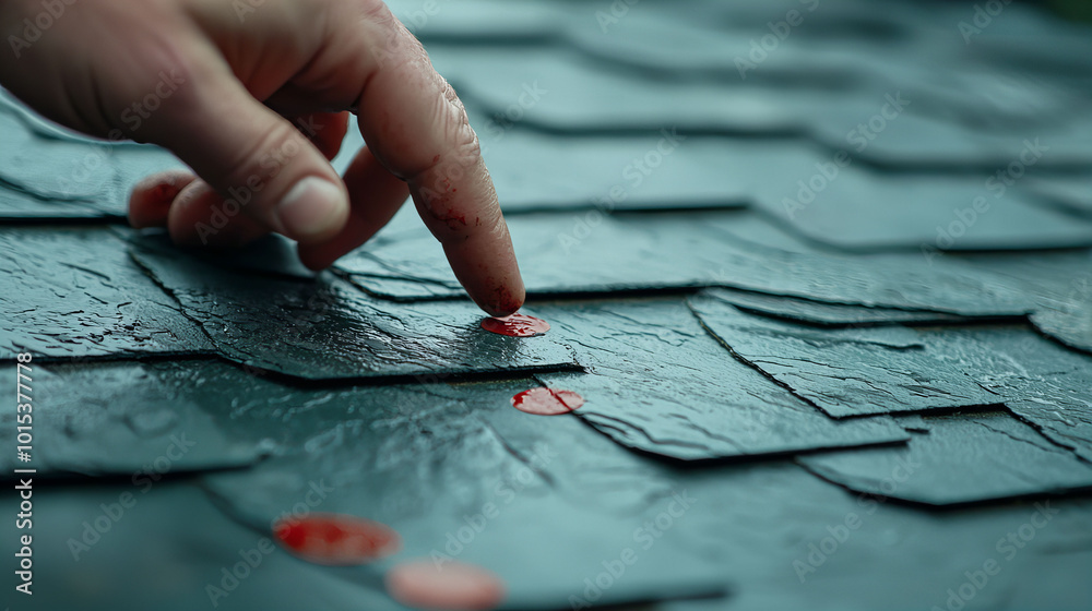 A hand is touching a roof with a red dot on it